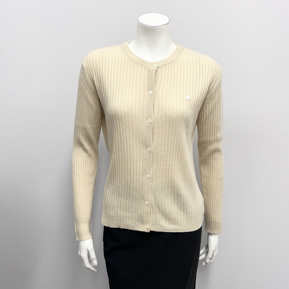 Courreges Paris Sweater Cardigan Beige Logo 100% Dralon Tucher Cashmere Size B